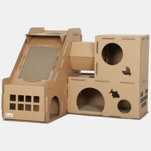 PawHut Casa para Gatos de Cartão Forma de Castelo Arranhador para Gatos de 2 Níveis com 3 Zonas de Arranhar Túnel, Rampa Inclui Erva para Interior 78x66x57 cm Castanho