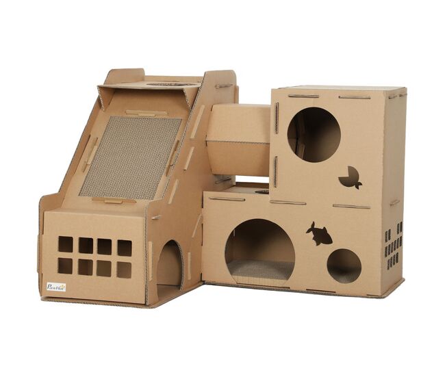 Pawhut casa para gatos de cartón, forma castillo, rascador para gatos de 2 niveles con 3 zonas de rascado, túnel, rampa, incluye hierba, para interior