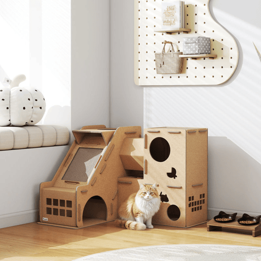 PawHut Casa para Gatos de Cartão Forma de Castelo Arranhador para Gatos de 2 Níveis com 3 Zonas de Arranhar Túnel, Rampa Inclui Erva para Interior 78x66x57 cm Castanho