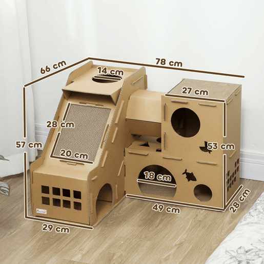 PawHut Casa para Gatos de Cartão Forma de Castelo Arranhador para Gatos de 2 Níveis com 3 Zonas de Arranhar Túnel, Rampa Inclui Erva para Interior 78x66x57 cm Castanho