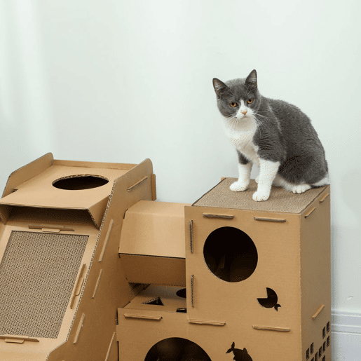 PawHut Casa para Gatos de Cartão Forma de Castelo Arranhador para Gatos de 2 Níveis com 3 Zonas de Arranhar Túnel, Rampa Inclui Erva para Interior 78x66x57 cm Castanho