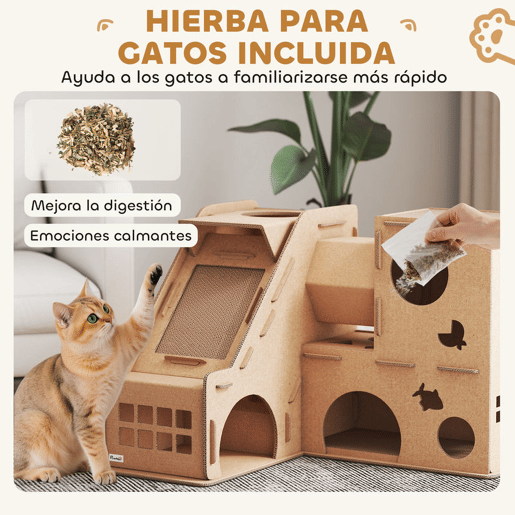 PawHut Casa para Gatos de Cartão Forma de Castelo Arranhador para Gatos de 2 Níveis com 3 Zonas de Arranhar Túnel, Rampa Inclui Erva para Interior 78x66x57 cm Castanho