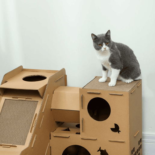 PawHut Casa para Gatos de Cartão Forma de Castelo Arranhador para Gatos de 2 Níveis com 3 Zonas de Arranhar Túnel, Rampa Inclui Erva para Interior 78x66x57 cm Castanho
