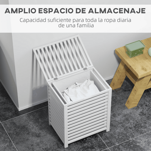 HOMCOM Cesto de Roupa de Bambu Cesto Roupa Suja Capacidade 55L com Bolsa Amovível Forma Retangular 50x36x60 cm Branco