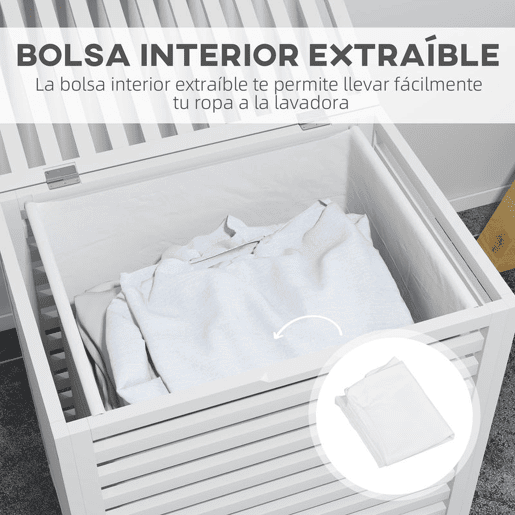 HOMCOM Cesto de Roupa de Bambu Cesto Roupa Suja Capacidade 55L com Bolsa Amovível Forma Retangular 50x36x60 cm Branco