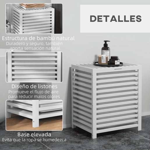 HOMCOM Cesto de Roupa de Bambu Cesto Roupa Suja Capacidade 55L com Bolsa Amovível Forma Retangular 50x36x60 cm Branco