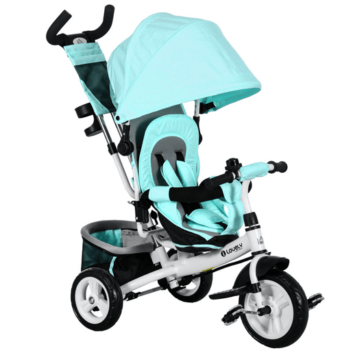 HOMCOM Triciclo para Bebés 2 em 1 Triciclo Evolutivo para Crianças de +12 Meses com Capota Dobrável Guiador Telescópico e Removível Bolsa e Porta-Garrafas Verde Água HOMCOM Triciclo para Bebés 2 em 1 Triciclo Evolutivo para Crianças de +12 Meses com Capota Dobrável Guiador Telescópico e Removível Bolsa e Porta-Garrafas Verde Água