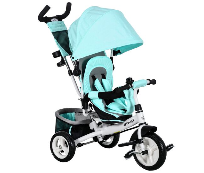 Homcom triciclo para bebés triciclo evolutivo para niños con toldo plegable mango de empuje telescópico y desmontable bolso para mamá y portabotellas 102x49x102 cm verde mint