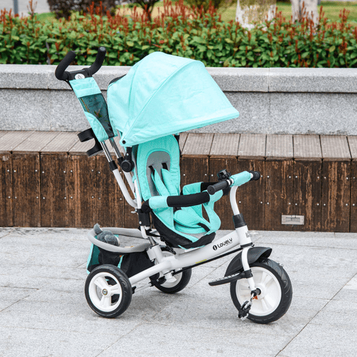 HOMCOM Triciclo para Bebés 2 em 1 Triciclo Evolutivo para Crianças de +12 Meses com Capota Dobrável Guiador Telescópico e Removível Bolsa e Porta-Garrafas Verde Água HOMCOM Triciclo para Bebés 2 em 1 Triciclo Evolutivo para Crianças de +12 Meses com Capota Dobrável Guiador Telescópico e Removível Bolsa e Porta-Garrafas Verde Água