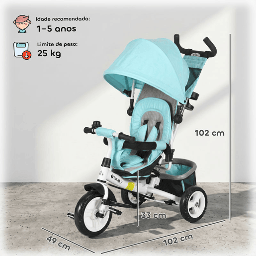 HOMCOM Triciclo para Bebés 2 em 1 Triciclo Evolutivo para Crianças de +12 Meses com Capota Dobrável Guiador Telescópico e Removível Bolsa e Porta-Garrafas Verde Água HOMCOM Triciclo para Bebés 2 em 1 Triciclo Evolutivo para Crianças de +12 Meses com Capota Dobrável Guiador Telescópico e Removível Bolsa e Porta-Garrafas Verde Água