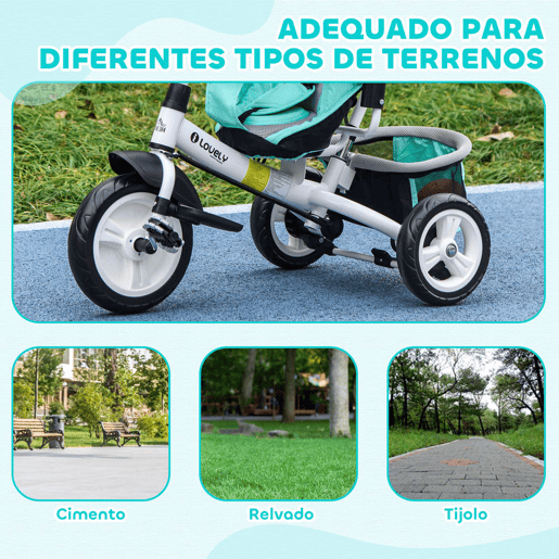 HOMCOM Triciclo para Bebés 2 em 1 Triciclo Evolutivo para Crianças de +12 Meses com Capota Dobrável Guiador Telescópico e Removível Bolsa e Porta-Garrafas Verde Água HOMCOM Triciclo para Bebés 2 em 1 Triciclo Evolutivo para Crianças de +12 Meses com Capota Dobrável Guiador Telescópico e Removível Bolsa e Porta-Garrafas Verde Água