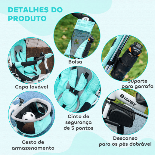 HOMCOM Triciclo para Bebés 2 em 1 Triciclo Evolutivo para Crianças de +12 Meses com Capota Dobrável Guiador Telescópico e Removível Bolsa e Porta-Garrafas Verde Água HOMCOM Triciclo para Bebés 2 em 1 Triciclo Evolutivo para Crianças de +12 Meses com Capota Dobrável Guiador Telescópico e Removível Bolsa e Porta-Garrafas Verde Água