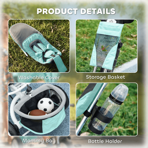 HOMCOM Triciclo para Bebés 2 em 1 Triciclo Evolutivo para Crianças de +12 Meses com Capota Dobrável Guiador Telescópico e Removível Bolsa e Porta-Garrafas Verde Água HOMCOM Triciclo para Bebés 2 em 1 Triciclo Evolutivo para Crianças de +12 Meses com Capota Dobrável Guiador Telescópico e Removível Bolsa e Porta-Garrafas Verde Água