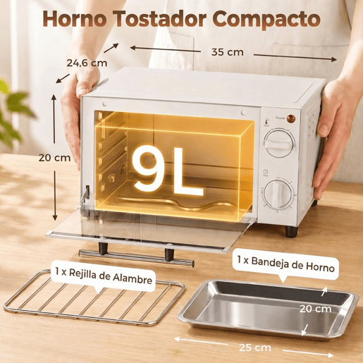 HOMCOM Mini Forno Elétrico 9L Forno Elétrico de Bancada 750W com Temperatura Ajustável até 230°C Temporizador 60 min e Bandeja para Assar Grelha 35x24,6x20 cm Creme