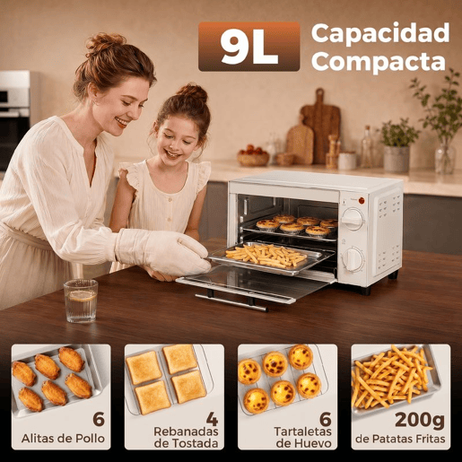 HOMCOM Mini Forno Elétrico 9L Forno Elétrico de Bancada 750W com Temperatura Ajustável até 230°C Temporizador 60 min e Bandeja para Assar Grelha 35x24,6x20 cm Creme