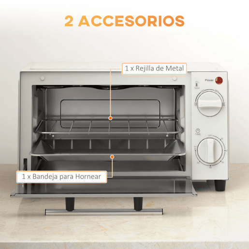 HOMCOM Mini Forno Elétrico 9L Forno Elétrico de Bancada 750W com Temperatura Ajustável até 230°C Temporizador 60 min e Bandeja para Assar Grelha 35x24,6x20 cm Creme