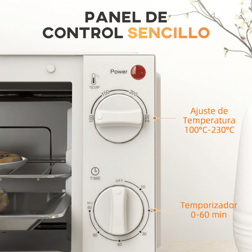 HOMCOM Mini Forno Elétrico 9L Forno Elétrico de Bancada 750W com Temperatura Ajustável até 230°C Temporizador 60 min e Bandeja para Assar Grelha 35x24,6x20 cm Creme