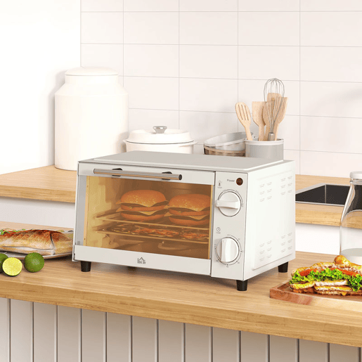 HOMCOM Mini Forno Elétrico 9L Forno Elétrico de Bancada 750W com Temperatura Ajustável até 230°C Temporizador 60 min e Bandeja para Assar Grelha 35x24,6x20 cm Creme