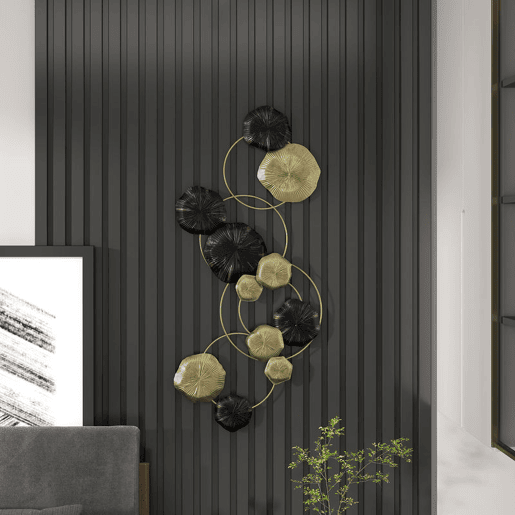 HOMCOM Decoração de Parede em Metal com Forma de Flor de Lótus Adorno para Sala Moderna Escultura de Parede para Decoração de Casa Quarto, Escritório 84x35 cm Dourado e Preto