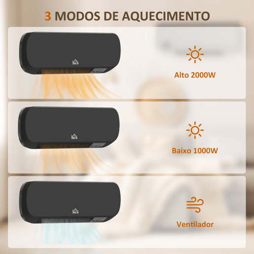 HOMCOM Aquecedor Cerâmico de Parede 1000W2000W com Controle Remoto 3 Modos de Aquecimento Temporizador de 12h Termostato e Proteção contra Superaquecimento 45x18,6x11,5 cm Preto HOMCOM Aquecedor Cerâmico de Parede 1000W2000W com Controle Remoto 3 Modos de Aquecimento Temporizador de 12h Termostato e Proteção contra Superaquecimento 45x18,6x11,5 cm Preto