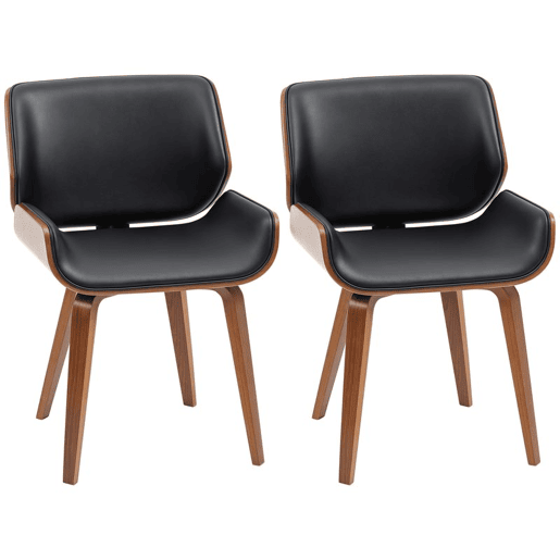 HOMCOM Conjunto de 2 Cadeiras de Jantar Estofadas em Couro Sintético Cadeiras de Cozinha com Assento e Encosto Curvados e Acolchoados Pés de Madeira 53x54x81 cm Preto