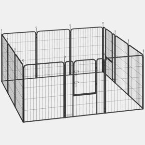 PawHut Parque para Cães de 12 Painéis 68x100 cm Parque Dobrável para Cães Médios com Portas Fecho e Estacas para Interior e Exterior Preto