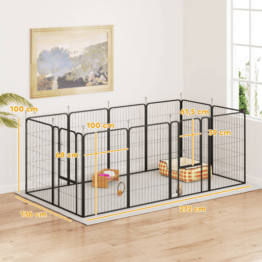 PawHut Parque para Cães de 12 Painéis 68x100 cm Parque Dobrável para Cães Médios com Portas Fecho e Estacas para Interior e Exterior Preto