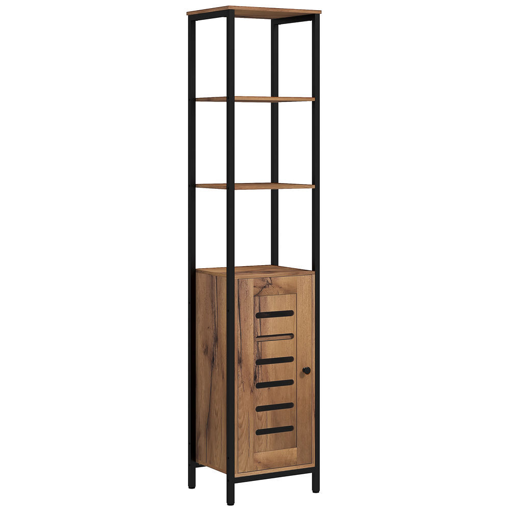 Kleankin armario de baño alto, columna de baño estrecha, con puerta de lamas, estantes ajustables, compartimentos abiertos, marco de acero, 37x30x167
