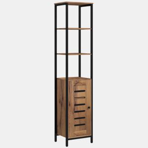 kleankin Coluna Casa de Banho Armário Alto Casa de Banho Estreito com Porta de Ripas Prateleiras Ajustáveis Compartimentos Abertos Estrutura de Aço 37x30x167 cm Castanho Rústico