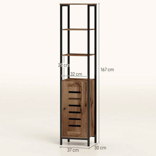 kleankin Coluna Casa de Banho Armário Alto Casa de Banho Estreito com Porta de Ripas Prateleiras Ajustáveis Compartimentos Abertos Estrutura de Aço 37x30x167 cm Castanho Rústico