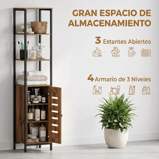 kleankin Coluna Casa de Banho Armário Alto Casa de Banho Estreito com Porta de Ripas Prateleiras Ajustáveis Compartimentos Abertos Estrutura de Aço 37x30x167 cm Castanho Rústico