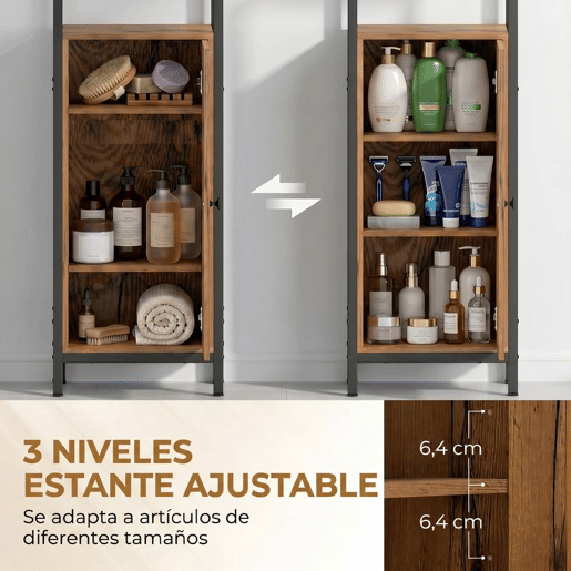 kleankin Coluna Casa de Banho Armário Alto Casa de Banho Estreito com Porta de Ripas Prateleiras Ajustáveis Compartimentos Abertos Estrutura de Aço 37x30x167 cm Castanho Rústico