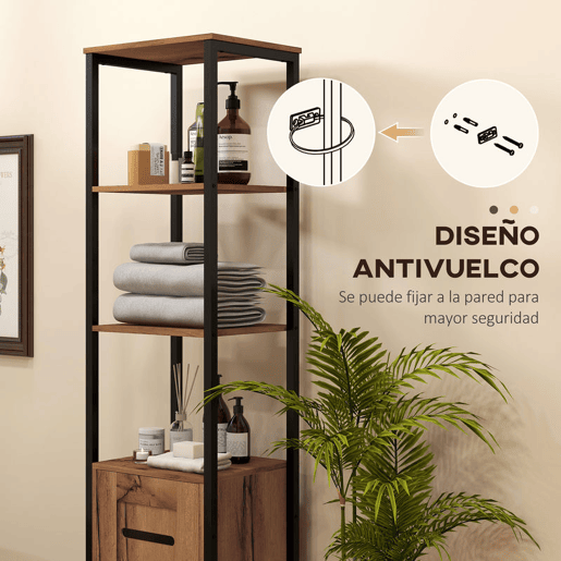 kleankin Coluna Casa de Banho Armário Alto Casa de Banho Estreito com Porta de Ripas Prateleiras Ajustáveis Compartimentos Abertos Estrutura de Aço 37x30x167 cm Castanho Rústico