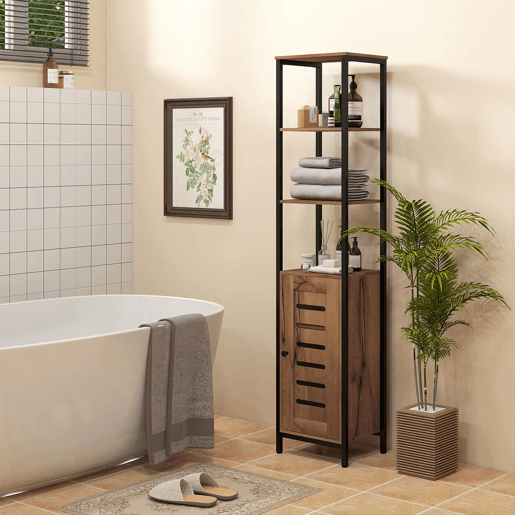 kleankin Coluna Casa de Banho Armário Alto Casa de Banho Estreito com Porta de Ripas Prateleiras Ajustáveis Compartimentos Abertos Estrutura de Aço 37x30x167 cm Castanho Rústico