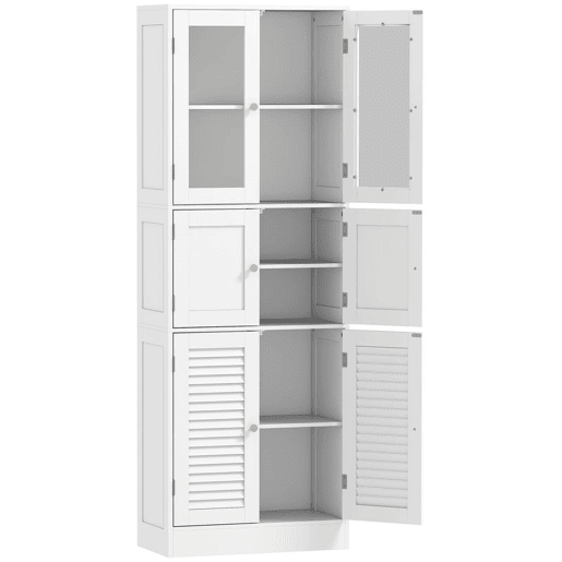 HOMCOM Armário de Casa de Banho Alto Coluna de Casa de Banho Estreita com Portas de Vidro Portas de Ripas e Prateleiras Ajustáveis 60x30x170 cm Branco