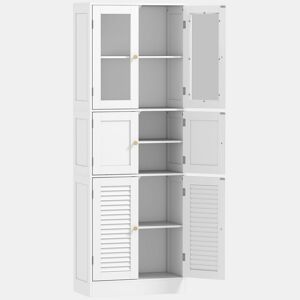 HOMCOM Armário de Casa de Banho Alto Coluna de Casa de Banho Estreita com Portas de Vidro Portas de Ripas e Prateleiras Ajustáveis 60x30x170 cm Branco
