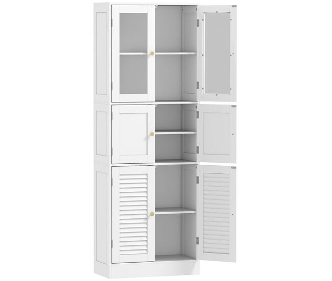 Homcom armario de baño alto, columna de baño estrecha con puertas de vidrio, puertas de lamas, estantes ajustables, 60x30x170 cm, blanco