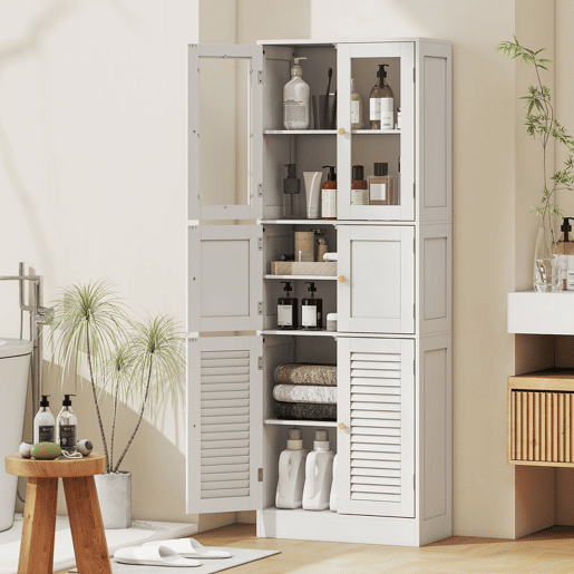 HOMCOM Armário de Casa de Banho Alto Coluna de Casa de Banho Estreita com Portas de Vidro Portas de Ripas e Prateleiras Ajustáveis 60x30x170 cm Branco