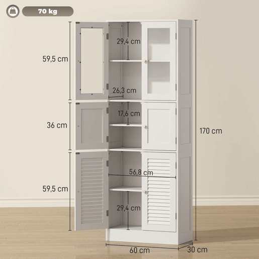 HOMCOM Armário de Casa de Banho Alto Coluna de Casa de Banho Estreita com Portas de Vidro Portas de Ripas e Prateleiras Ajustáveis 60x30x170 cm Branco