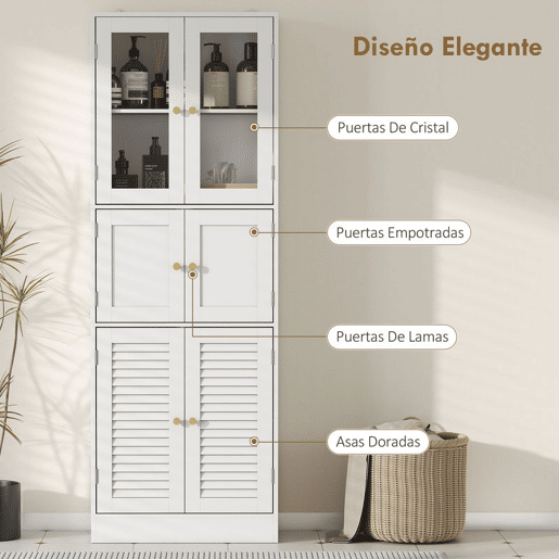 HOMCOM Armário de Casa de Banho Alto Coluna de Casa de Banho Estreita com Portas de Vidro Portas de Ripas e Prateleiras Ajustáveis 60x30x170 cm Branco