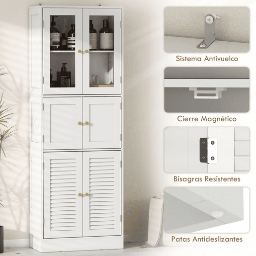 HOMCOM Armário de Casa de Banho Alto Coluna de Casa de Banho Estreita com Portas de Vidro Portas de Ripas e Prateleiras Ajustáveis 60x30x170 cm Branco