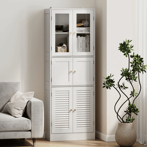 HOMCOM Armário de Casa de Banho Alto Coluna de Casa de Banho Estreita com Portas de Vidro Portas de Ripas e Prateleiras Ajustáveis 60x30x170 cm Branco