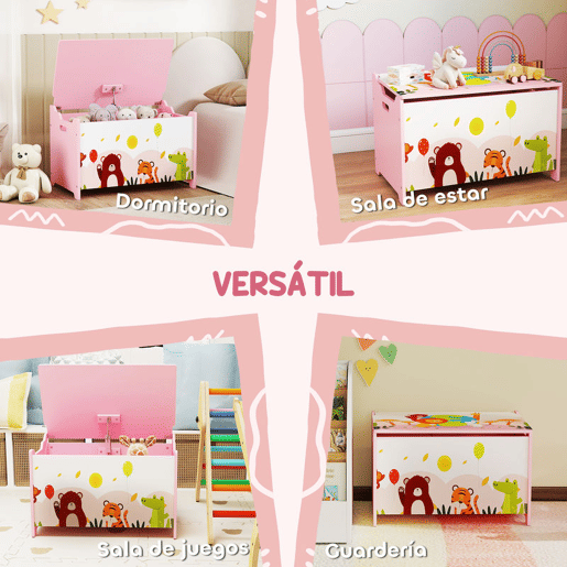 AIYAPLAY Baú de Armazenamento de Brinquedos Baú de Brinquedos Infantil Tampa Rebatível com Fecho Suave e Alças Estampados de Animais para Livros Roupa em Quarto Sala de Jogos 60x37x39 cm Rosa