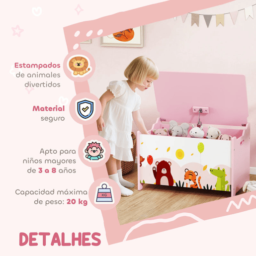 AIYAPLAY Baú de Armazenamento de Brinquedos Baú de Brinquedos Infantil Tampa Rebatível com Fecho Suave e Alças Estampados de Animais para Livros Roupa em Quarto Sala de Jogos 60x37x39 cm Rosa