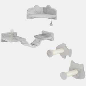 PawHut Conjunto de Prateleiras de Escalada para Gatos de 4 Peças Arranhador de Parede com 2 Postes de Sisal Plataforma Dupla com Escada e Plataforma para Saltar Cinzento