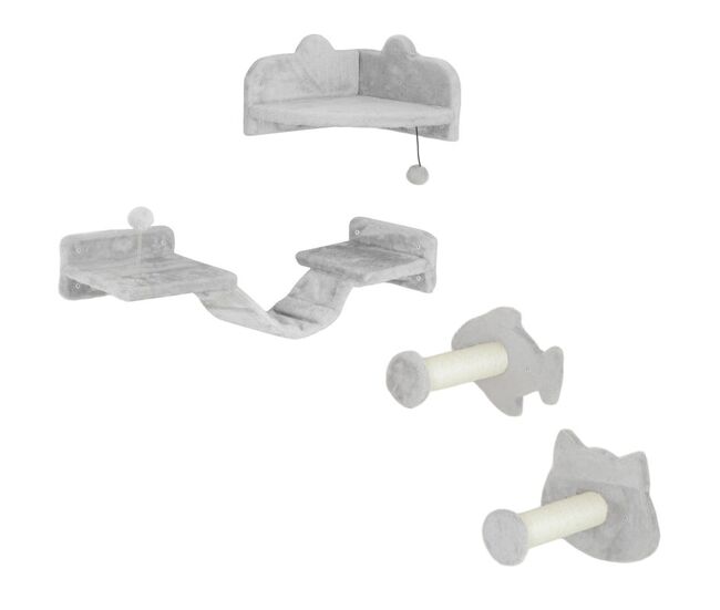 Pawhut juego de estanterías para gatos de 4 piezas rascador de pared para gatos con 2 postes de sisal plataforma doble con escalera suave y 1 plataforma para saltar gris claro