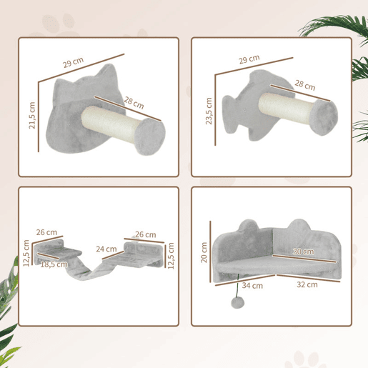PawHut Conjunto de Prateleiras de Escalada para Gatos de 4 Peças Arranhador de Parede com 2 Postes de Sisal Plataforma Dupla com Escada e Plataforma para Saltar Cinzento