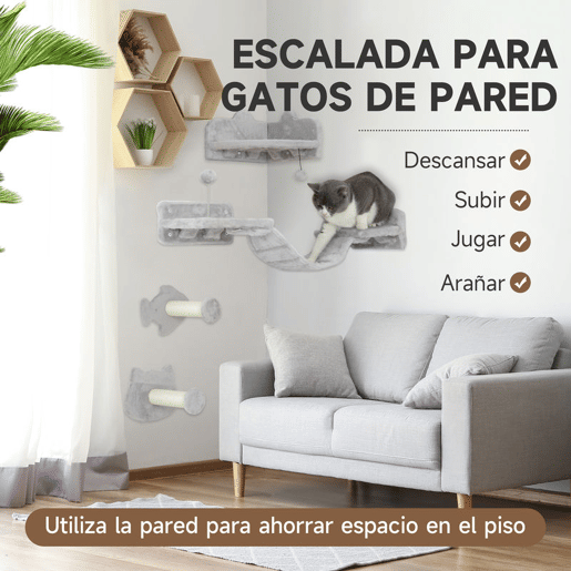 PawHut Conjunto de Prateleiras de Escalada para Gatos de 4 Peças Arranhador de Parede com 2 Postes de Sisal Plataforma Dupla com Escada e Plataforma para Saltar Cinzento