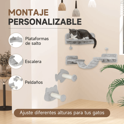 PawHut Conjunto de Prateleiras de Escalada para Gatos de 4 Peças Arranhador de Parede com 2 Postes de Sisal Plataforma Dupla com Escada e Plataforma para Saltar Cinzento