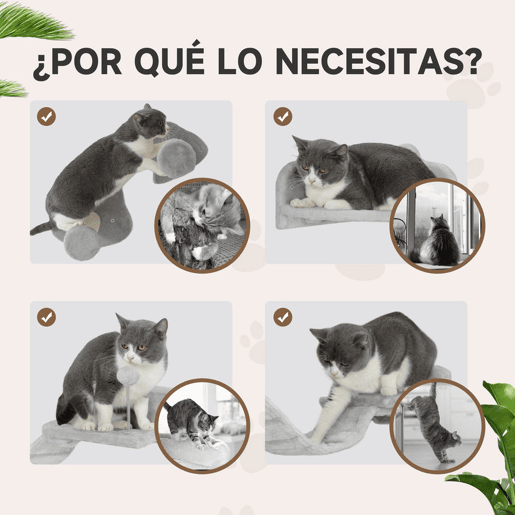 PawHut Conjunto de Prateleiras de Escalada para Gatos de 4 Peças Arranhador de Parede com 2 Postes de Sisal Plataforma Dupla com Escada e Plataforma para Saltar Cinzento